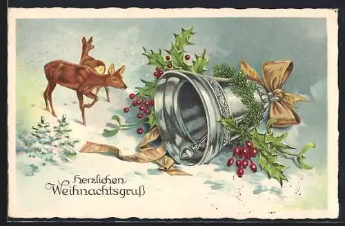 Künstler-AK Zwei Rehe bei einer riesigen Glocke im Schnee, Herzlichen Weihnachtsgruss