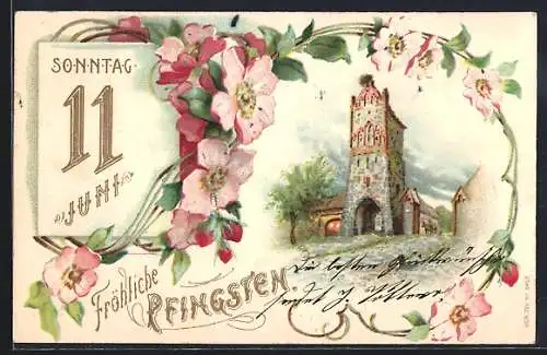 Lithographie Stadttor und Kalender umrankt von Blumen, Sonntag 11. Juni, Fröhliche Pfingsten