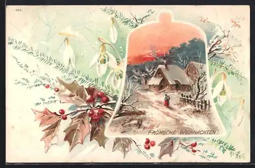 Lithographie Schneelandschaft in Glockenform, Fröhliche Weihnachten