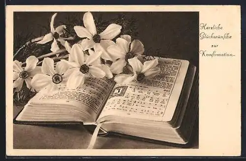 AK Gesangsbuch mit Blumen, Herzliche Glückwünsche zur Konfirmation
