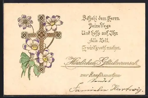 Präge-AK Kreuz mit Blumen, Herzlichen Glückwunsche zur Konfirmation