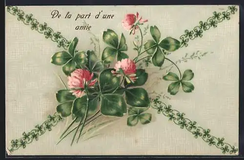 Präge-AK Kleeblätter und -blüten, De la part d`une amie