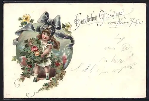 Lithographie Mädchen mit Schleife und Blumen, Herzlichen Glückwunche zum Neuen Jahre