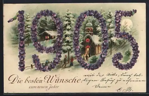 Lithographie Jahreszahl 1905 aus Veilchen vor verschneiter Landschaft, Die besten Wünsche zum neuen Jahre