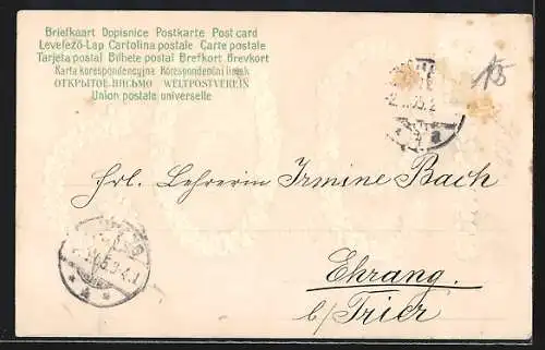 Lithographie Jahreszahl 1905 aus Veilchen vor verschneiter Landschaft, Die besten Wünsche zum neuen Jahre