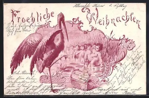 Lithographie Kleinkinder in einem Teich mit Storch, Fröhliche Weihnachten