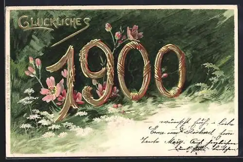 AK Jahreszahl 1900 auf einer Blumenwiese, Glückliches 1900