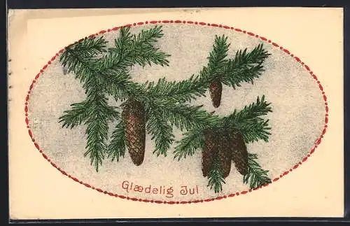 AK Tannenzweig im Passepartout, Glaedelig Jul