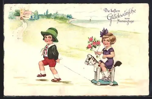 Künstler-AK Kind zieht ein Mädchen auf einem Spielzeugpferd, Die besten Glückwünschen zum Namenstage