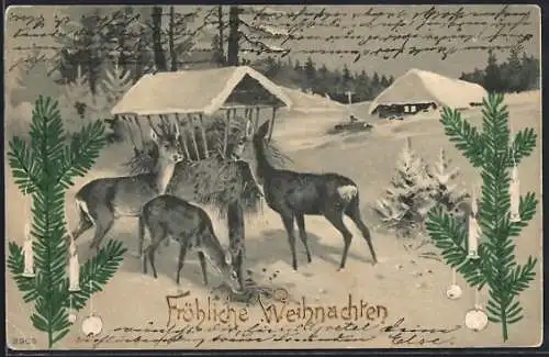 Präge-AK Rehe an einer Heuraufe, Fröhliche Weihnachten