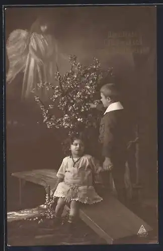 AK Engel wacht über zwei Kinder, Glückwunsch zum Geburtstag