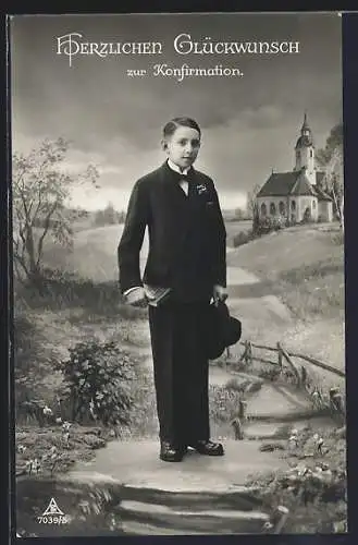 AK Junge zu seiner Konfirmation vor einer Kirche