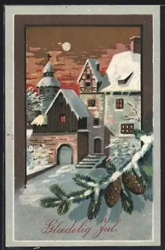 AK Glaedelig Jul, Verschneites Dorf mit Tannenzweig