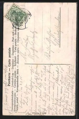 AK Amor übergibt einem Liebespaar ein Paar Herzen