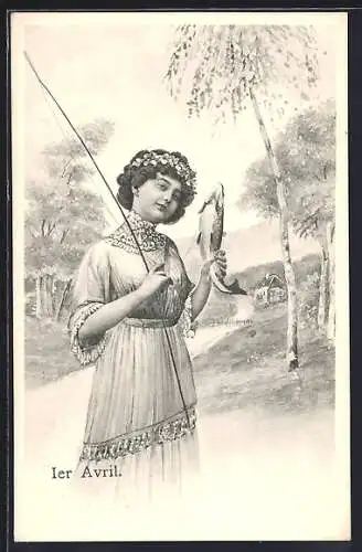 AK 1. April, Dame mit Angel und Fisch