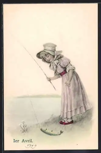AK 1. April, Mädchen angelt einen Fisch