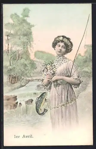 AK Dame angelt einen Fisch, 1. April