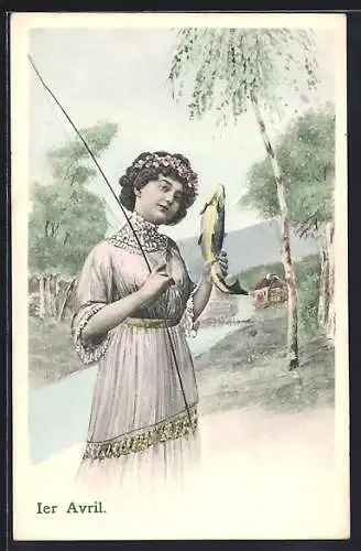 AK Dame mit geangeltem Fisch, 1. April