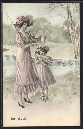 AK Mutter und Tochter mit Angel und Fisch, 1. April