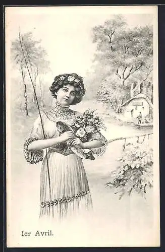 AK Dame mit geangeltem Fisch und Blumenstrauss, 1. April