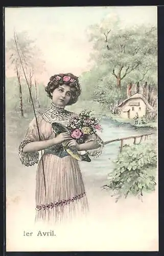 AK Dame mit Angel und Fisch, 1. April