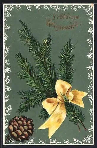 AK Fröhliche Weihnachten, Tannenzweig mit gelber Schleife