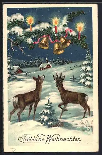 AK Rehe vor verschneitem Dorf bei Nacht, Fröhliche Weihnachten