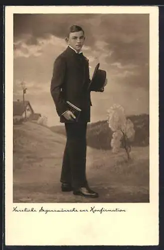 AK Segenswünsche zur Konfirmation, Junge mit Bibel in der Hand