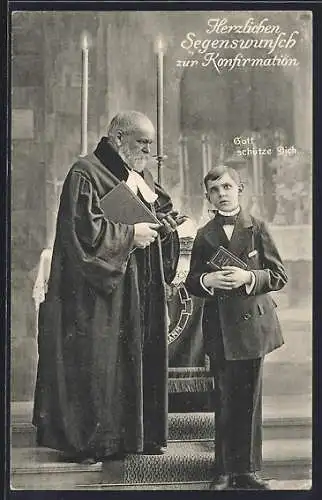 AK Segenswunsch zur Konfirmation, Junge und Pfarrer in der Kirche