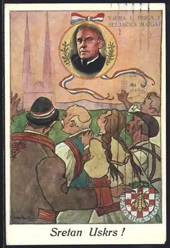 Künstler-AK Ostergruss, Männer und Frauen vor einer Kirche