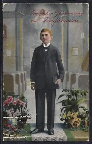 AK Glückwunsch zur Konfirmation, Junge in der Kirche