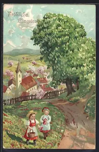 Präge-AK Kinder auf einem Feldweg, Fröhliche Pfingsten