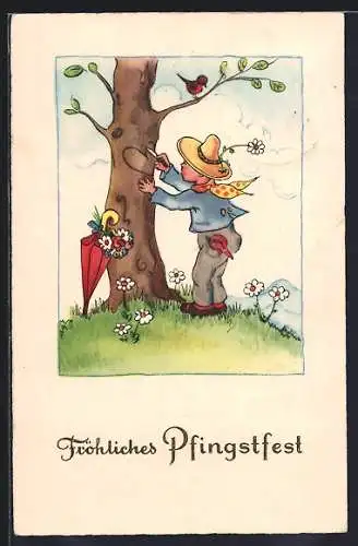 AK Fröhliches Pfingstfest, Junge ritzt Herz in einen Baum