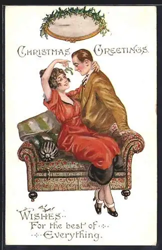 AK Christmas Greetings, Paar unter einem Mistelzweig
