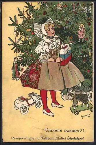 AK Mädchen mit Weihnachtsgeschenken am Tannenbaum