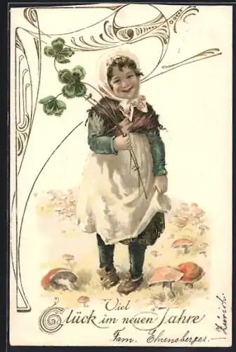 AK Neujahrsgruss, Bäuerliches Mädchen mit Kleeblättern in der Hand