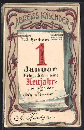 AK Kalenderblatt 1. Januar mit Neujahrsgruss