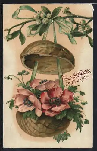 AK Anemonen in einer Nussschale, Neujahrsgruss