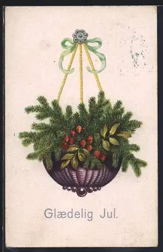 AK Glaedelig Jul, Tannenzweige in einer Vase