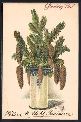 AK Glaedelig Jul, Tannenzweige in einer Vase