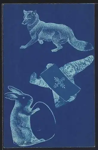 Künstler-AK Zwerg, Osterhase und Fuchs