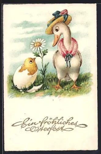 Künstler-AK Osterküken guckt eine Gans an