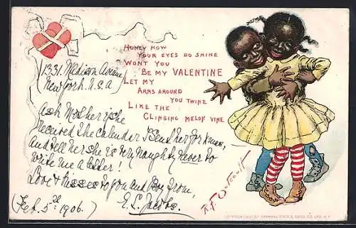 Lithographie Zwei Kinder umarmen sich, Honey how your eyes do shine, wont you be my Valentine, Valentinstag