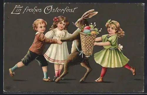 Künstler-AK Osterhase tanzt mit Kindern Ringelreihen