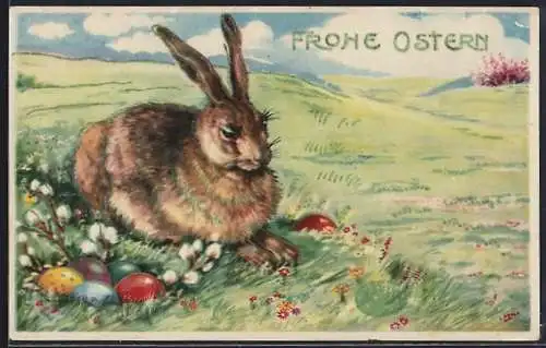 Künstler-AK Osterhase sitzt mit Ostereiern im Gras, Frohe Ostern