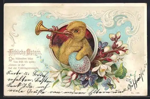 Lithographie Osterküken musiziert auf der Fanfare, Fröhliche Ostern