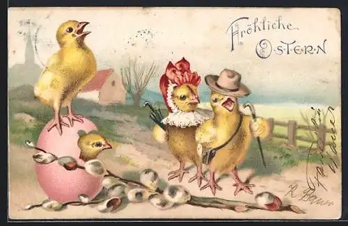 Lithographie Osterküken in Kostümen mit Weidenkätzchen, Fröhliche Ostern