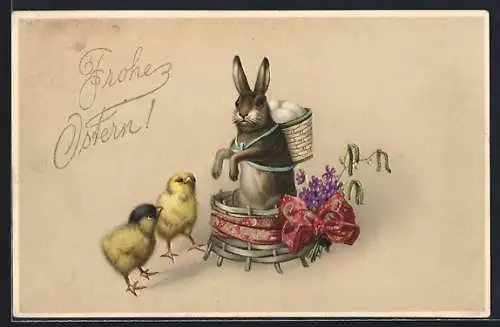 Künstler-AK Osterhase mit Korb auf dem Rücken, Zwei Osterküken