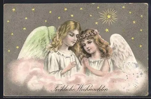 Künstler-AK Weihnachtsengel vor Sternenhimmel, Fröhliche Weihnachten