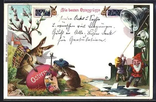 Lithographie Zwerge läuten Glocke, Osterhasen bemalen ein Ei, Die besten Ostergrüsse